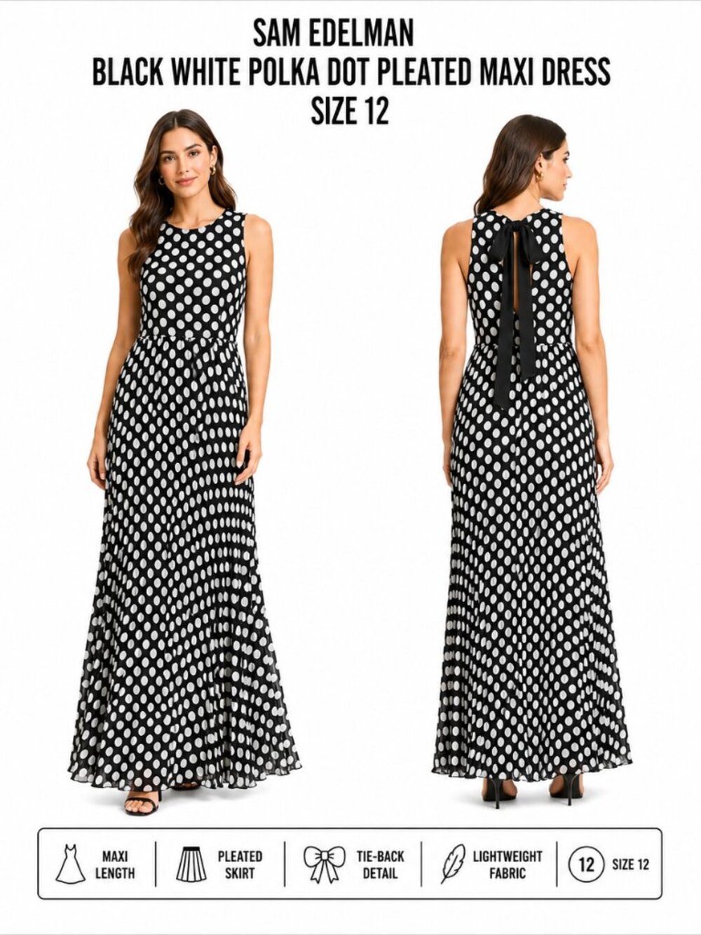 SAM EDELMAN BLACK WHITE POLKA DOT PLEATED MAXI DRESS SIZE 12 NWT